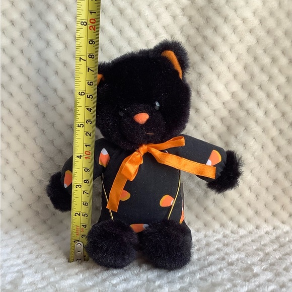 Black Stuffed Cat with Orange Bow and Candy Corn Outfit Halloween Kitty - Picture 2 of 9